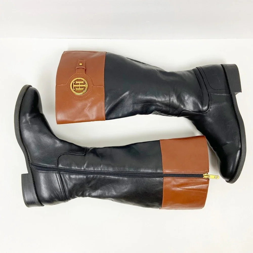 Tommy Hilfiger Black and Brown Over-the-Knee Leather Boots